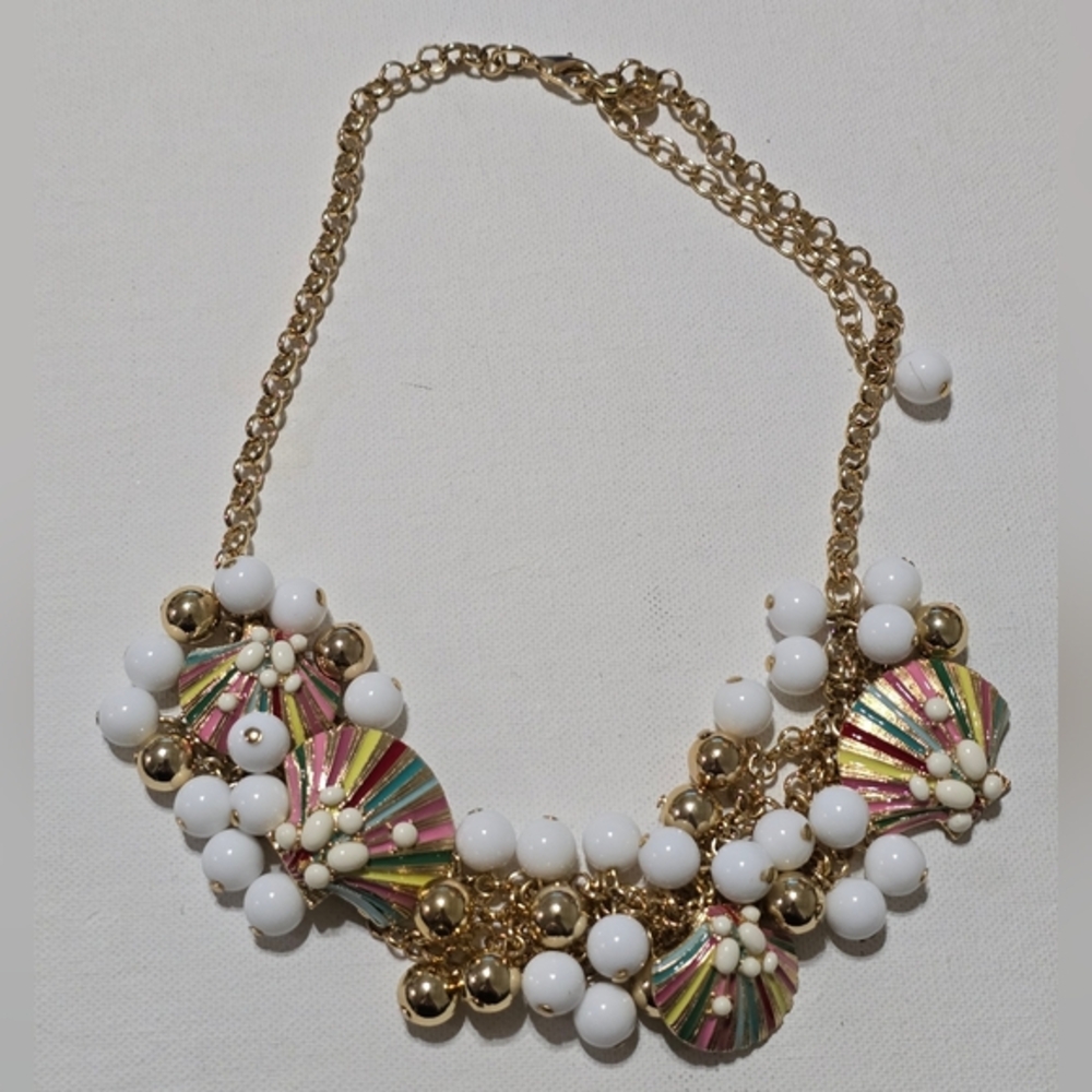 TALBOT'S Multicolor SEASHELL Charm and Beaded Gold Tone Statement Necklace